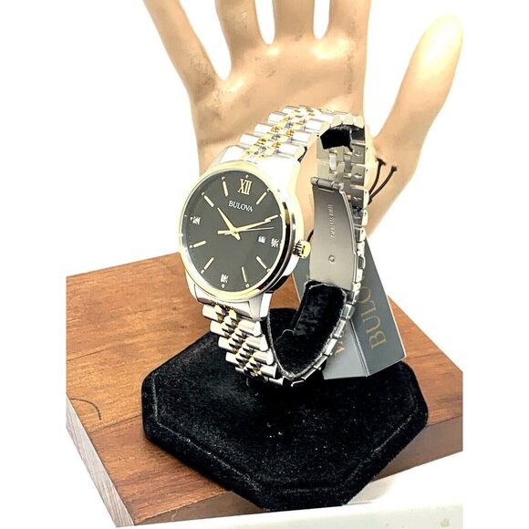 Bulova Mens Watch 98D163 Black Dial Diamond Accent Quartz Two Tone Steel - Picture 2 of 14